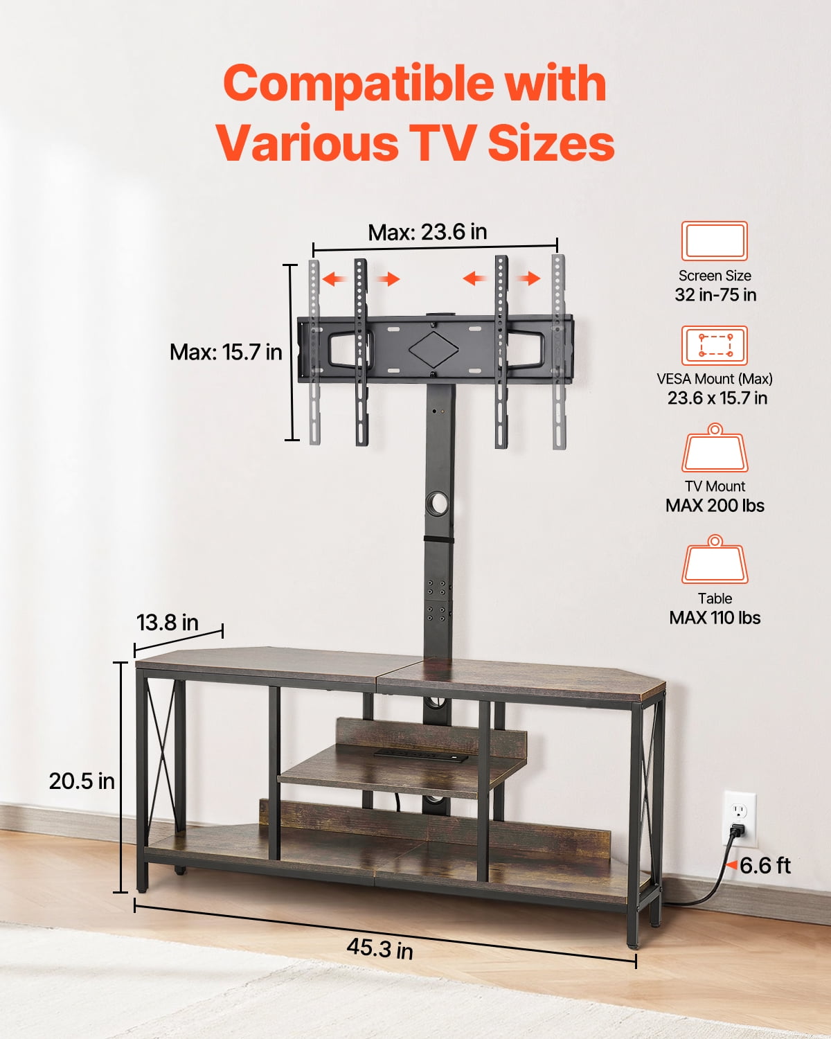 KFFKFF 45" Television Stand Suits 75", TV Console with Power Outlet and LED Lighting, Swivel TV Mount with 3-Level Height, Ideal for Bedrooms and Living Rooms