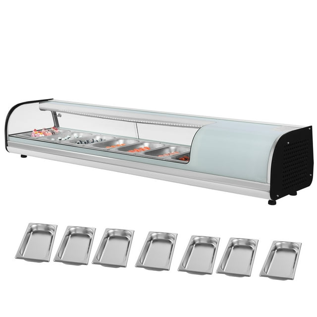 KFFKFF Sushi Display Case Refrigerator, 2.5 Cu.ft Commercial Sushi Case, 7-Pan Countertop Showcase with Curved Glass, LED Lighting, and Digital Temperature Control