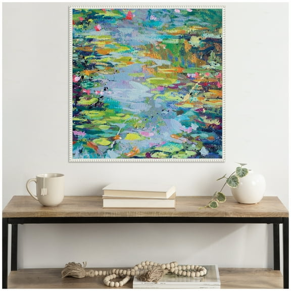 Kate and Laurel Sylvie Waterlilies at Giverny Framed Canvas Wall Art by Rachel Christopoulous 30 x 30 Beaded White, Traditional, Abstract Landscape, Nature, Flowers Art for Wall Decor, Living Room