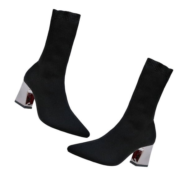 AURARMLET Women's Black Sock Boots with Chunky Heels, Comfortable Elastic Fabric, Ideal for Work, Parties, Size 6.5