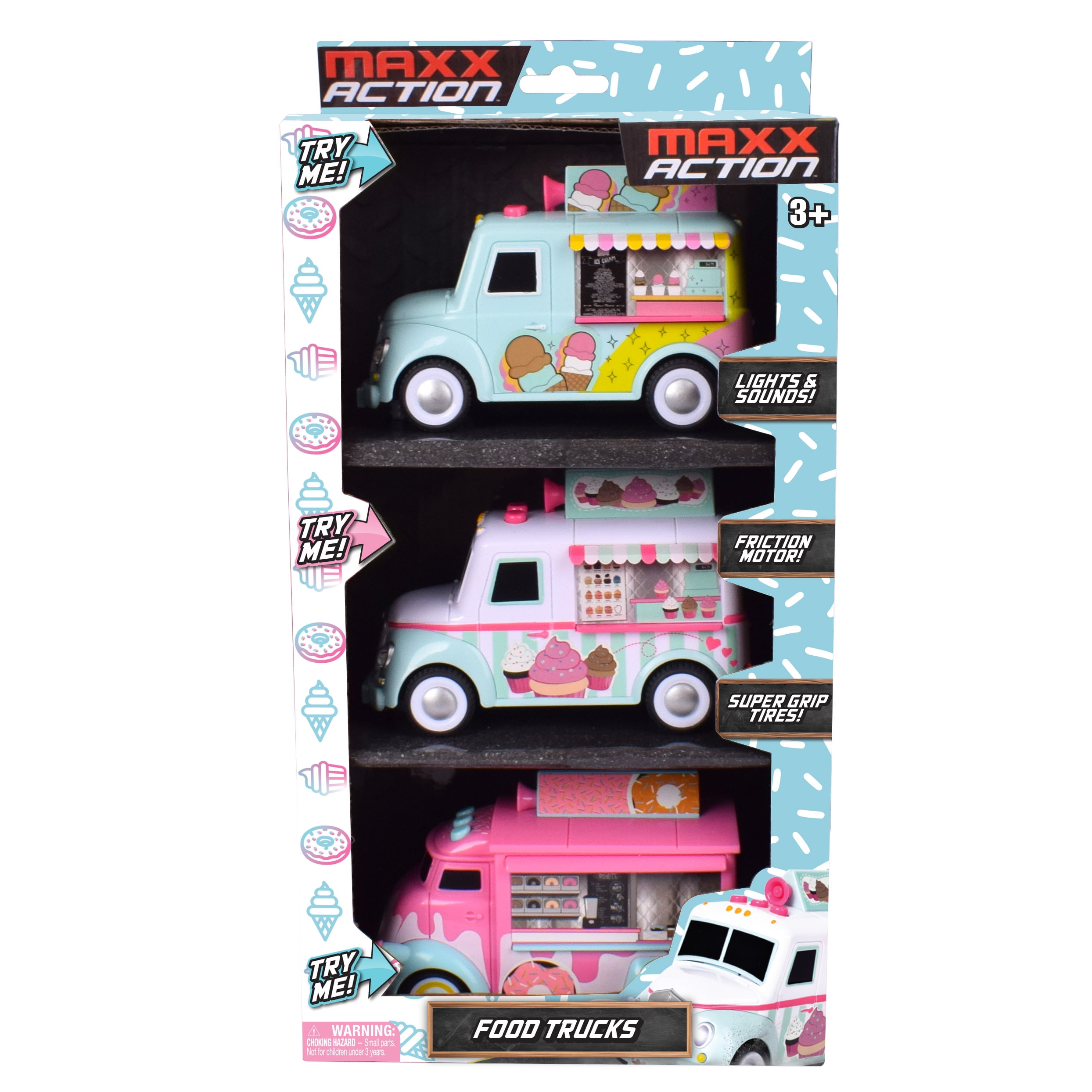 Maxx Action Food Trucks, 3 Pack with Lights & Sounds, Play Vehicles for Children Ages 3+Play Vehicles