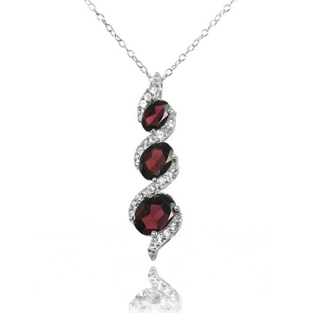 Garnet Sterling Silver Necklace - Garnet and White Topaz Sterling Silver Oval S Design Three-Stone Journey Necklace
