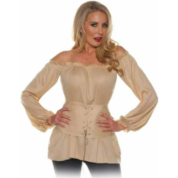 Renaissance off the Shoulders Womens Adult Tan Pirate Costume Corset Shirt-L