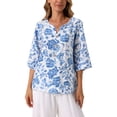 thumbnail image 1 of BLUSA BOHEMIA FLORAL PARA MUJER INSPIRE CHIC ESCOTE EN V MANGA 3/4 TUNICA TALLA XL AZUL, 1 of 6