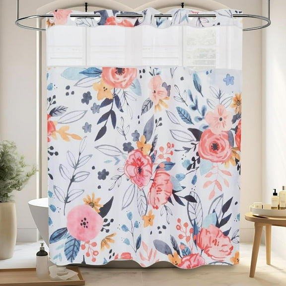 Floral No Hook Shower Curtain with Snap In Liner 71W x 74L, Washable Flower Hotel Style Shower Curtains with Snap On Liners