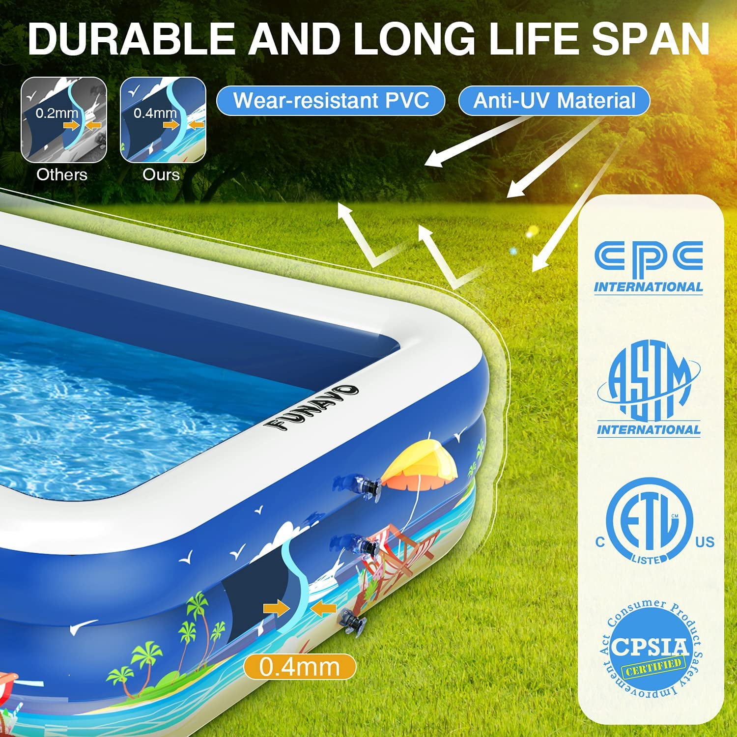 JOYBASE 100" X 71" X 22"  Rectangle Full-Sized Inflatable PVC Swimming Pool for Family