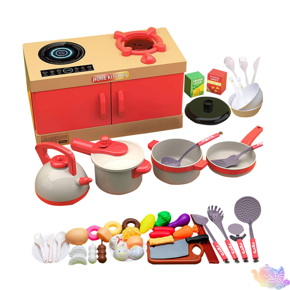 Pretend Mini Kitchen Playset with Toy Stove, Storage Cabinet, Kettle, Cookware, Utensils and Assorted Simulation Play Food, Kitchen Pretend Play House Toys, Chef Role Play Toy for Kids Ages 3 and Up