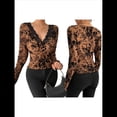 thumbnail image 3 of Blusa de Larga con Cuello Redondo y Encaje de con Bordado Floral para Mujer Caqui S, 3 of 7