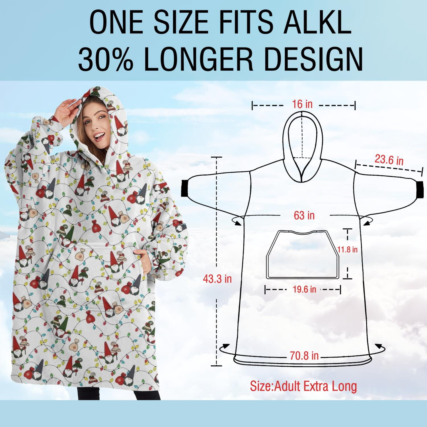 Oversized Wearable Blanket Hoodie,White Christmas Gnome and Light Pattern Sherpa Blanket Hoodie with Super Pockets,Super Warm Fuzzy Pullover for Women & Men
