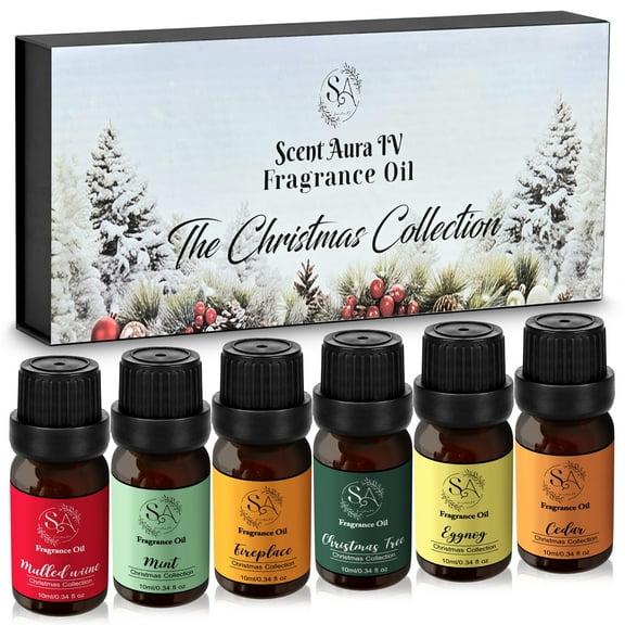 Scent Aura IV The Christmas Collection  Fragrance Oils- Set of 6| Christmas Tree, Mulled wine, Mint, Fireplace, Eggnog Cedar