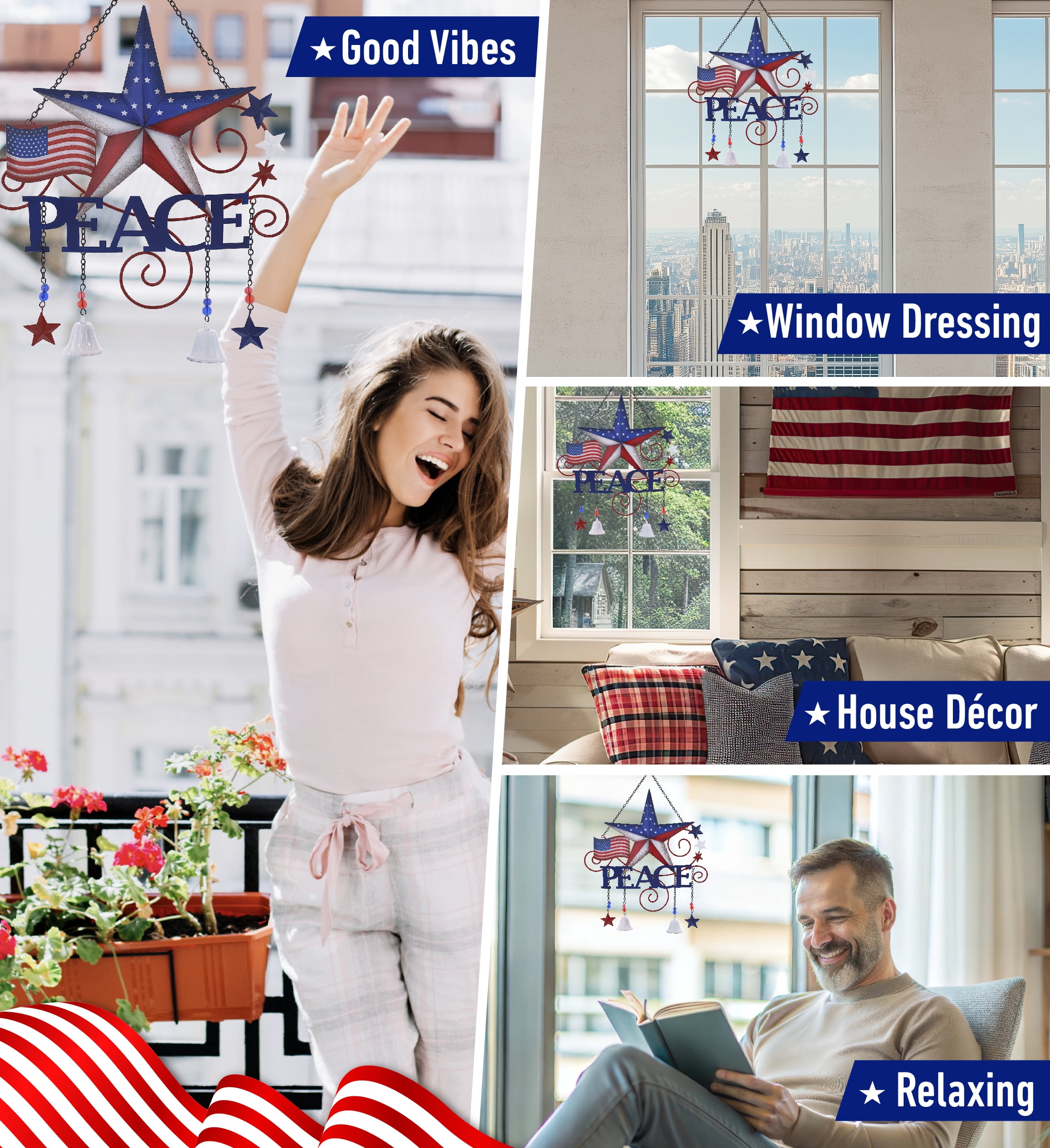 CoTa Global USA Flag Peace Wind Chime - American Flag Patriotic Indoor or Outdoor Windchime Home Decor with Hanging Bells, Handcrafted Glass and Metal Wind Chimes for Yard, Garden, Porch - 20 Inches