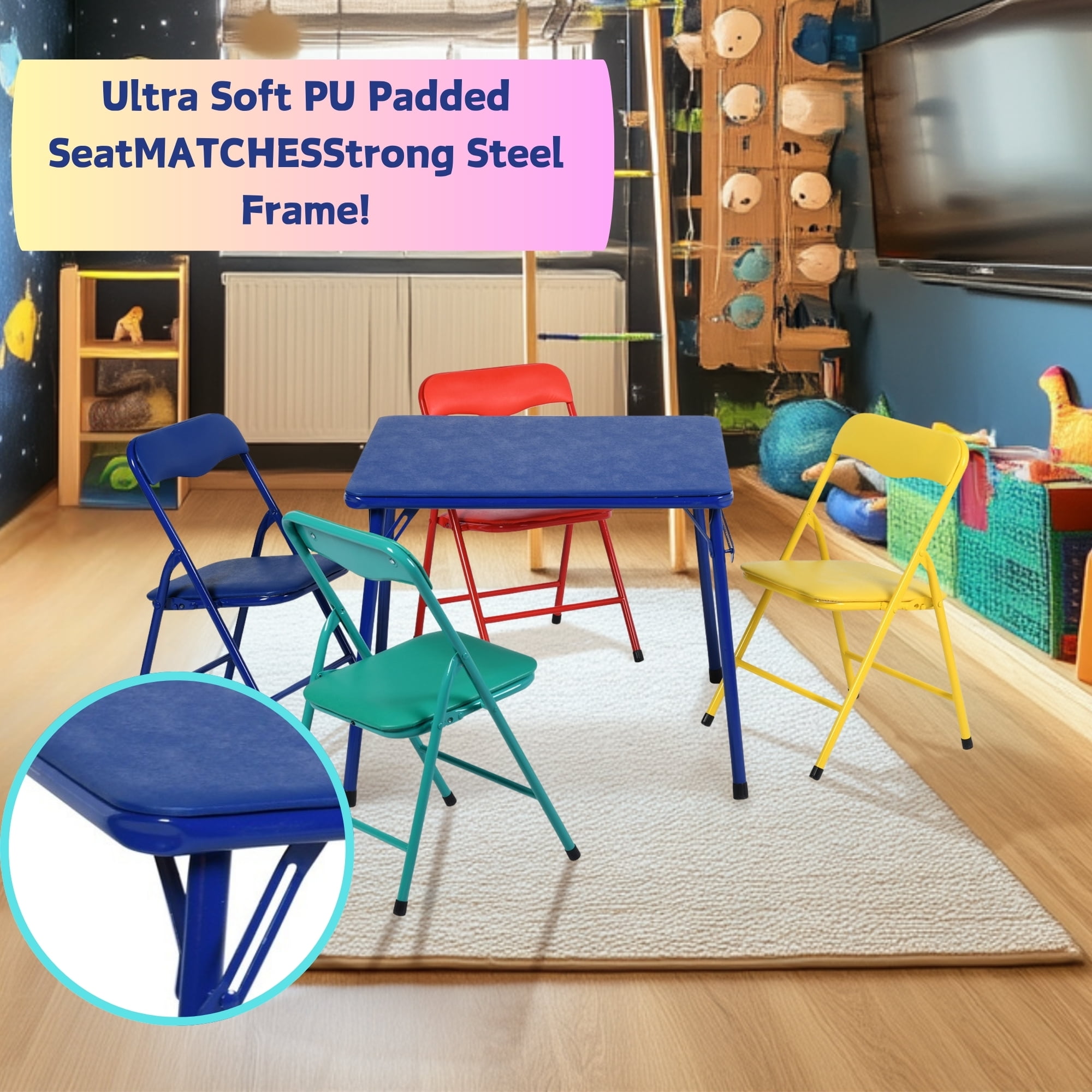 Kids 5-Piece Folding Table and Chair Set, Multicolor – Includes Blue Table and Red, Yellow, Green, Blue Chairs