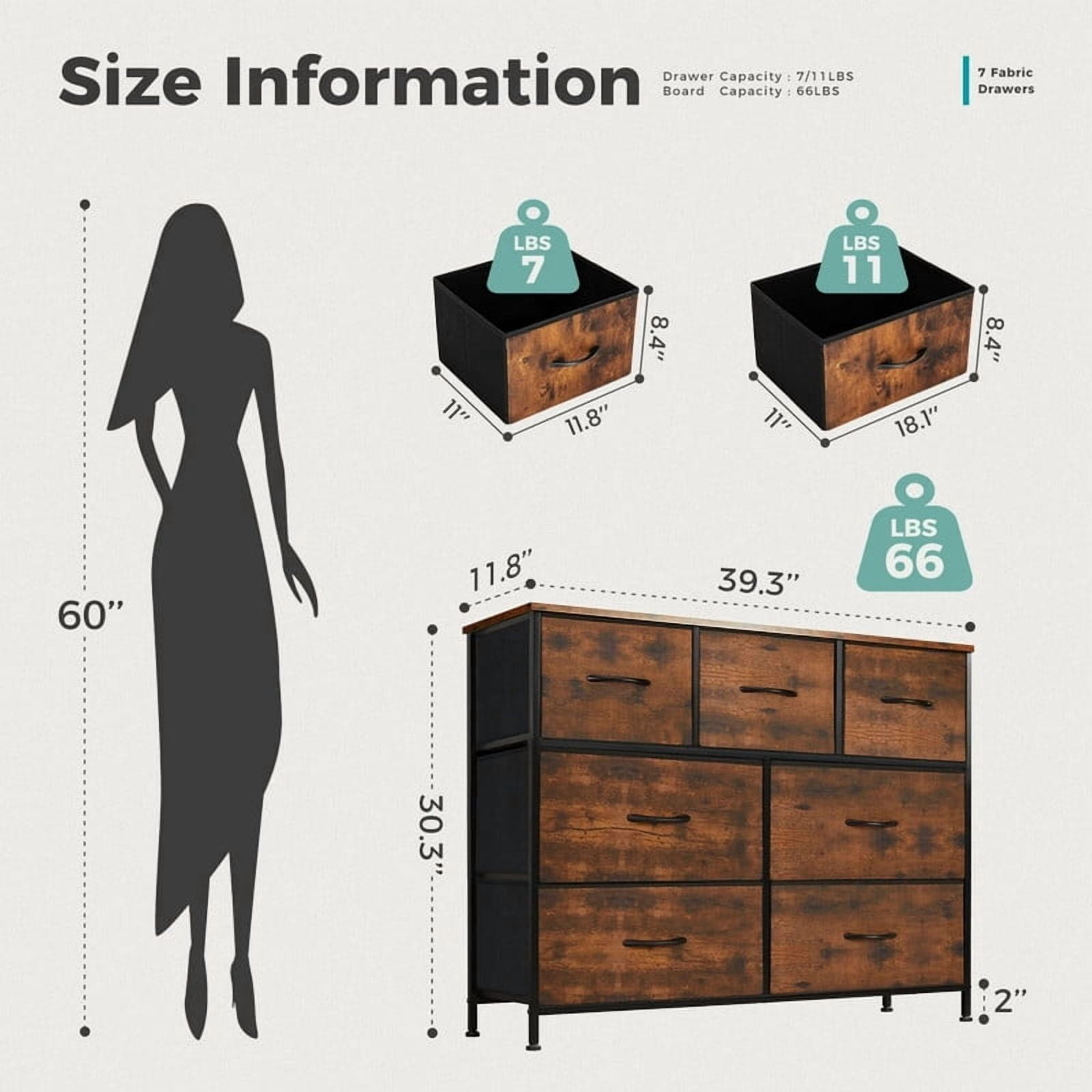 Kelno 7 Drawer Dresser Fabric Chest of Drawers Storage Organizer Wood Top Surface for TV, Rustic Brown