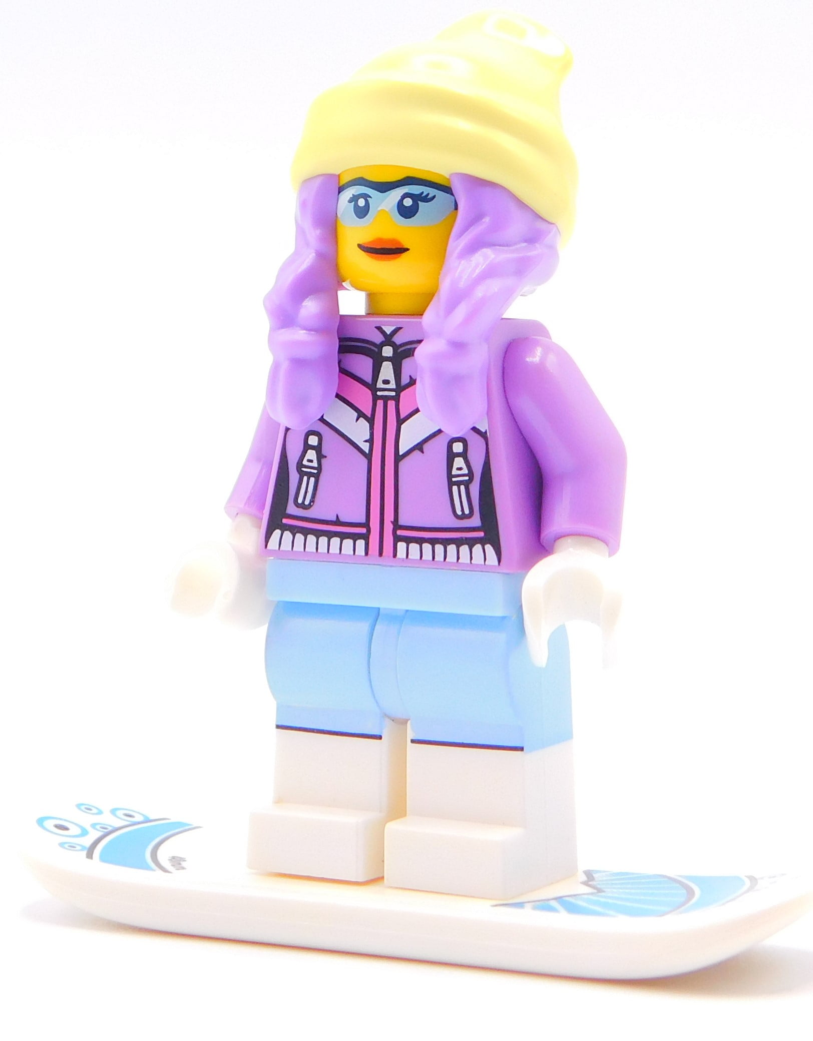 Lego female snowboarder with purple hair