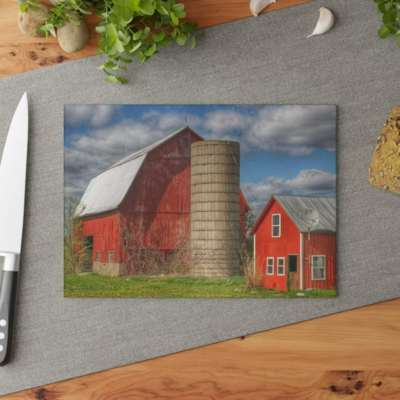 U R There Photography McDowell Road Reds I Rustic Farmhouse Tempered-Glass Cutting Board 8"x 11"
