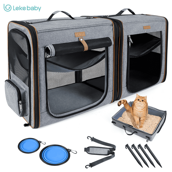 Lekebaby Large Cat Carrier, Portable Cat Carrier Soft with Litter Box & Bowl & Zipper Locks for 2 Cats, 2 in 1 Pet Carrier Travel, Gray