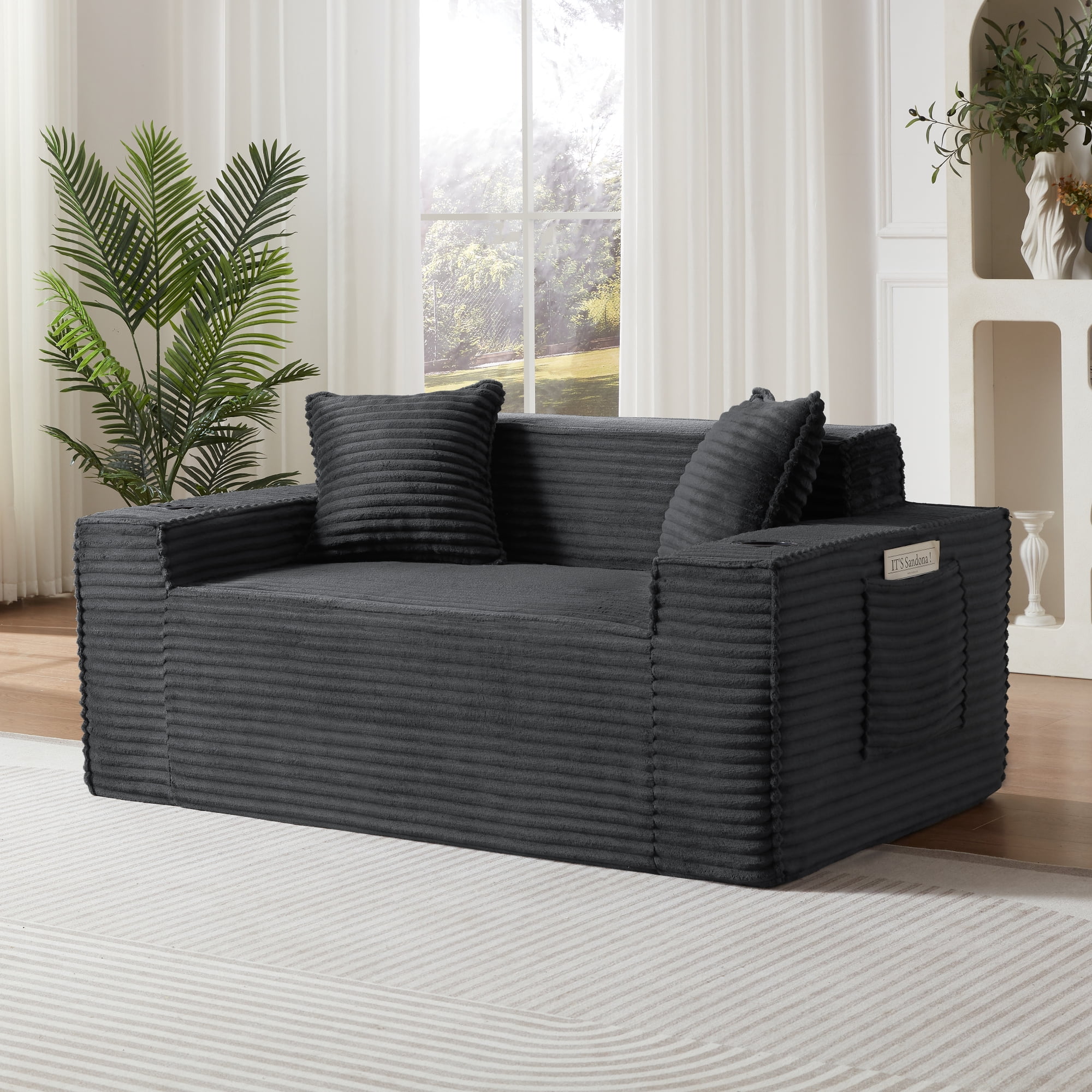 Leumius Cloud Sofa,2 Seater Boneless Couch with Cupholders,Upholstered Corduroy Fabric Modern Loveseat with Deep Seats for Living Room Bedroom,Dark Gray