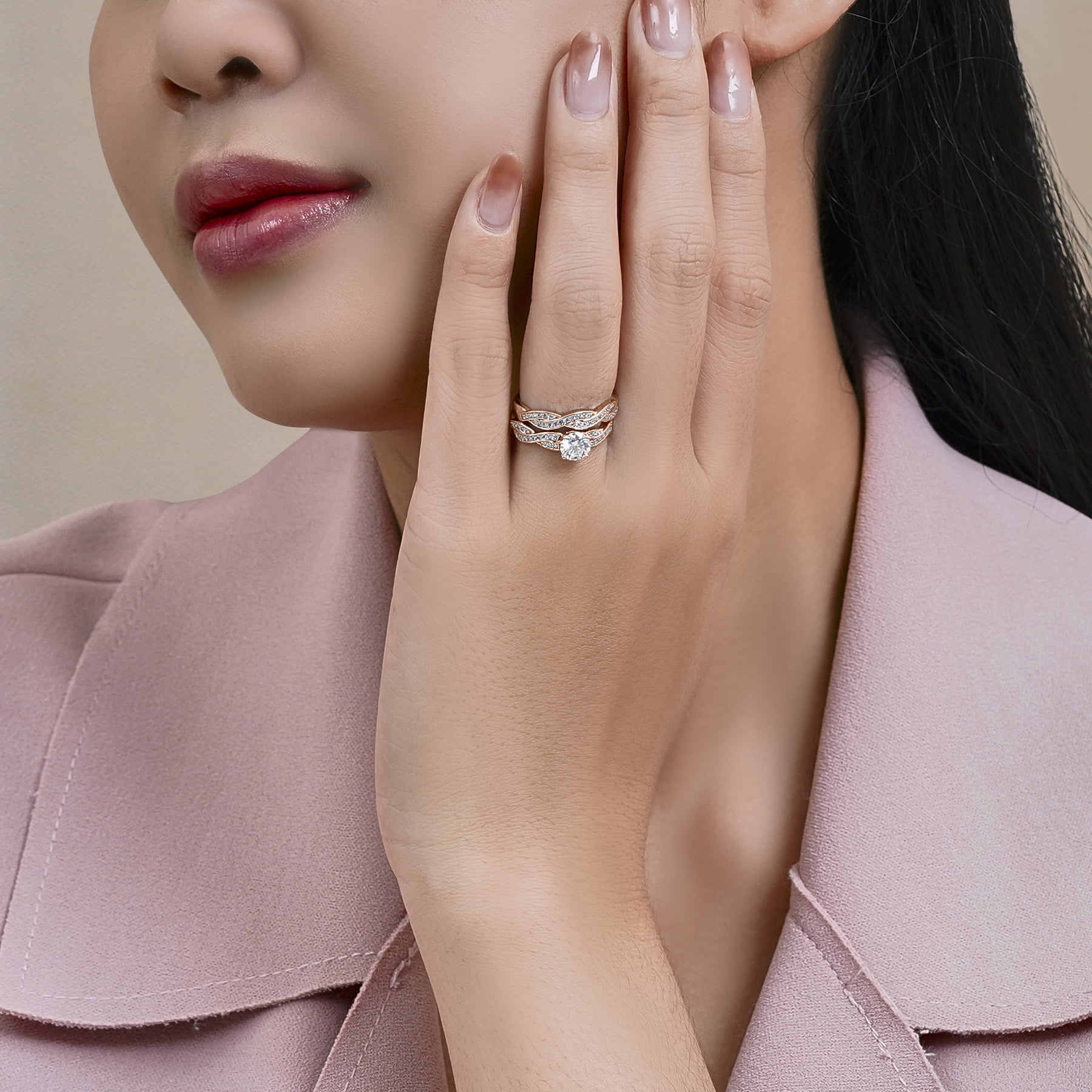 JeenMata 1.25 Carat Round Cut Moissanite Wedding Set - Bridal Set - Infinity Ring - Forever Ring - Promise Ring - 18k Rose Gold Plated for Women