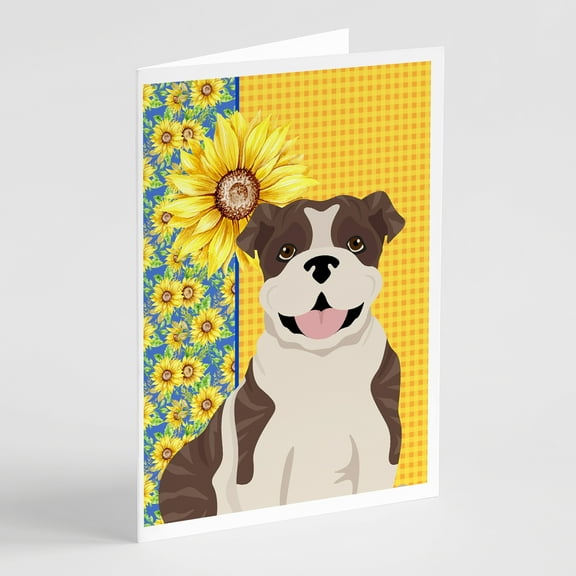 Summer Sunflowers Brindle English Bulldog Greeting Cards and Envelopes Pack of 8 7 in x 5 in