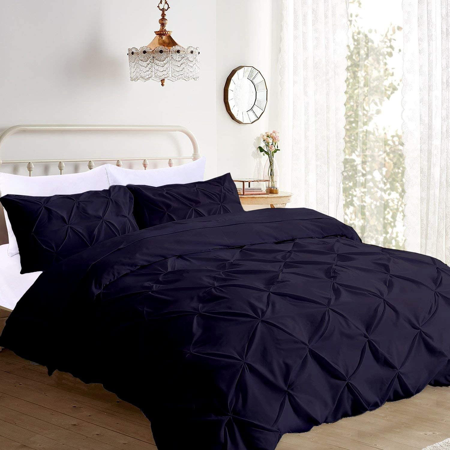 500-Thread Count 100% Egyptian Cotton Pinch Pleated Pintuck Design 3pc Duvet Cover Set , With Zipper Closure & Corner Ties - King Size ( 90" x 104" ) Inches, (Navy Blue)