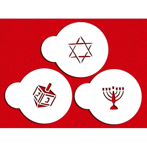 Designer Stencils C193 Jewish Symbols Cookie and Cupcake Stencils, Small, Dreidel, Star of David, Menorah, Beige/semi-transparent