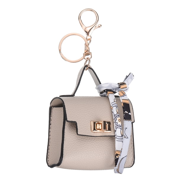 Mini mochila llavero, lindo monedero llavero de mochila de cuero PU, color beige