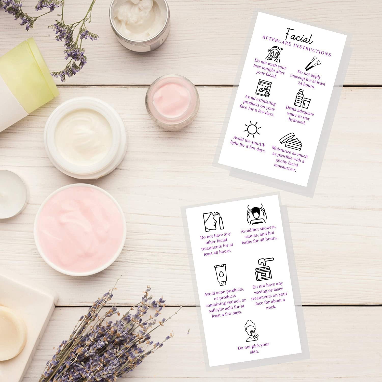 Brow Tint & Wax Aftercare Instruction Cards - 50 Pack, 2x3.5" Business Card Size, Lavender Design-867558