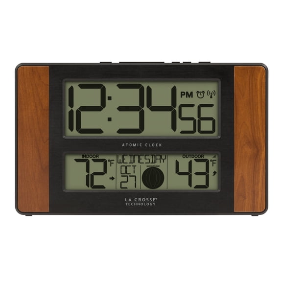 La Crosse Technology Atomic Digital Clock with Temperature and Moon Phase, Cherry finish, 513-1417CH
