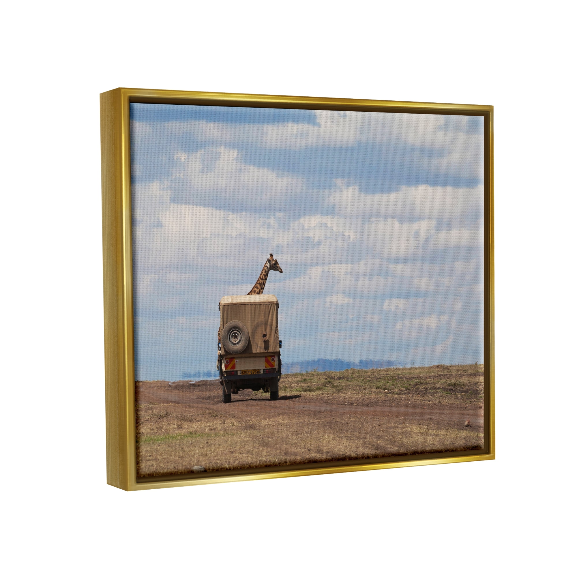 Stupell Industries Giraffe in Safari Vehicle Animals & Insects Photography Gold Floater Framed Canvas Art Print Wall Art, 31 x 25