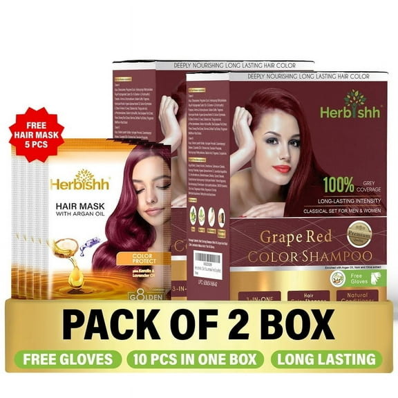 Herbishh Hair Color Shampoo for Grey Hair – Hair Dye Shampoo with Bio-Active Ingredients – Long Lasting Color – Travel-Friendly Pack (20 x 30ml Sachets)   5 Pack Hair Mask Sachets (Grape Red)