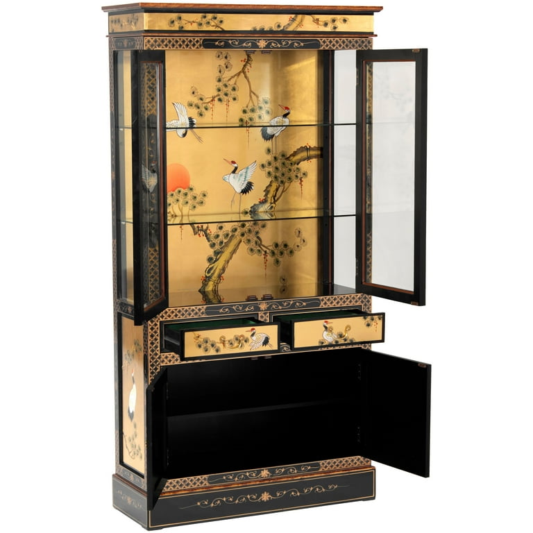 Oriental Furniture Gold Lacquer Curio Cabinet - Cranes - Walmart.com