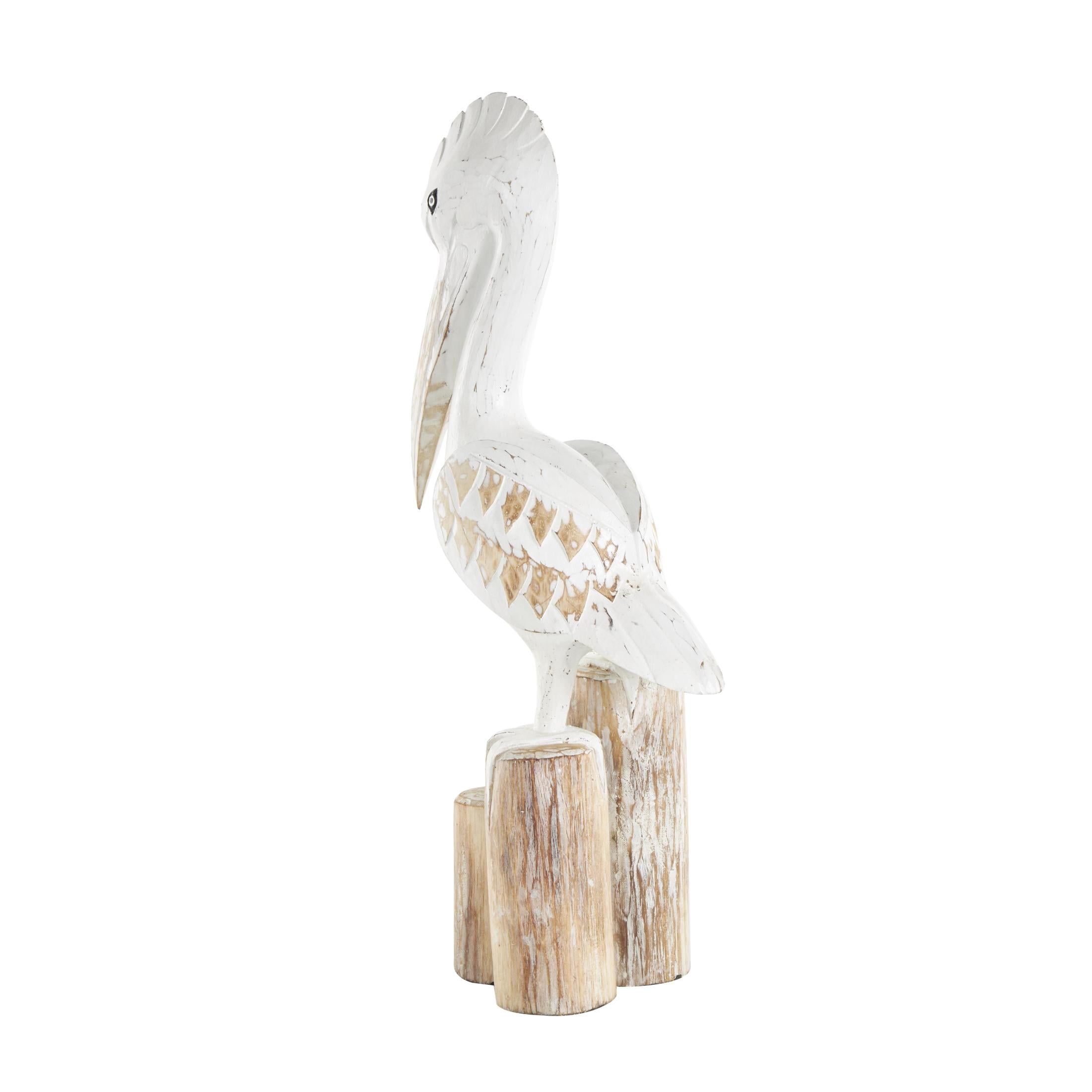 7" x 24" White Wood Handmade Distressed Pelican Sculpture with 3 Brown Posts, by DecMode