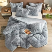 BLEUM CADE Luxury Fluffy Fuzzy Queen Bedding Comforter Set,4 Pieces Shaggy Duvet Cover Set,Furry Plush Velvet Comforter Cover with Zip Closure,Queen,Light Grey