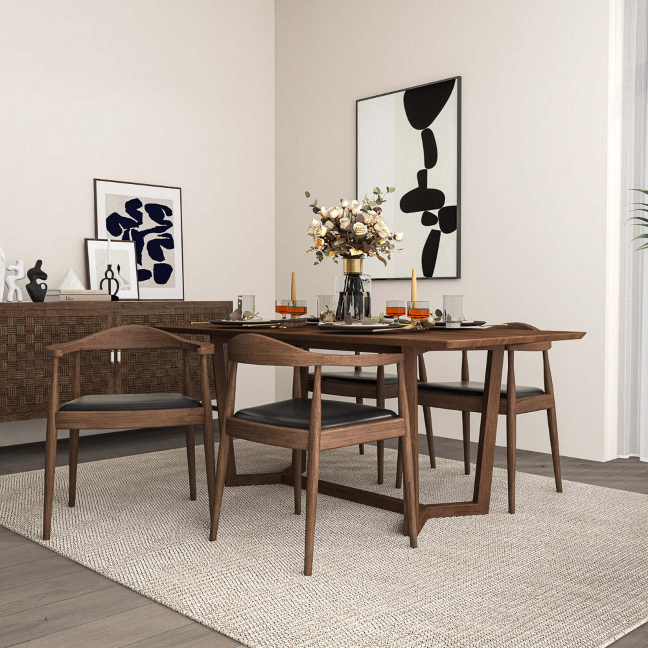 Noble House Trevor Kelly Mid-century Modern Dining Chair, Solid Wood Frame with Leather Upholstery, Black and Brown