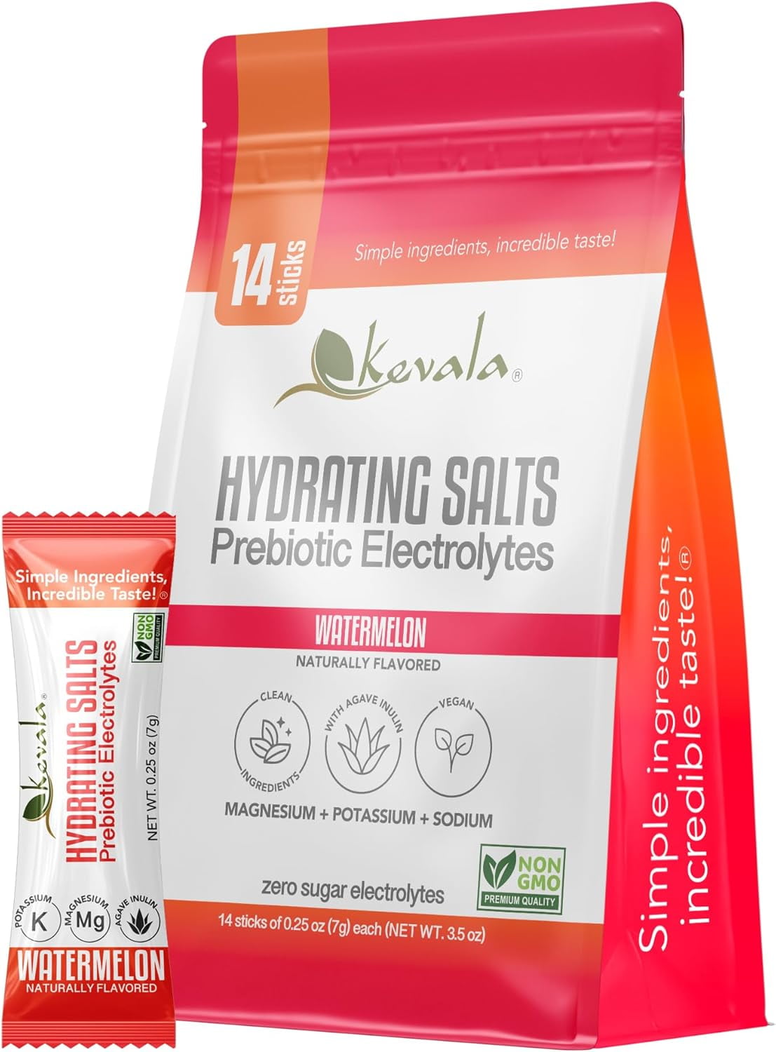 Kevala Hydrating Salts Prebiotic Electrolytes – Watermelon - 14 Count Hydration Packets