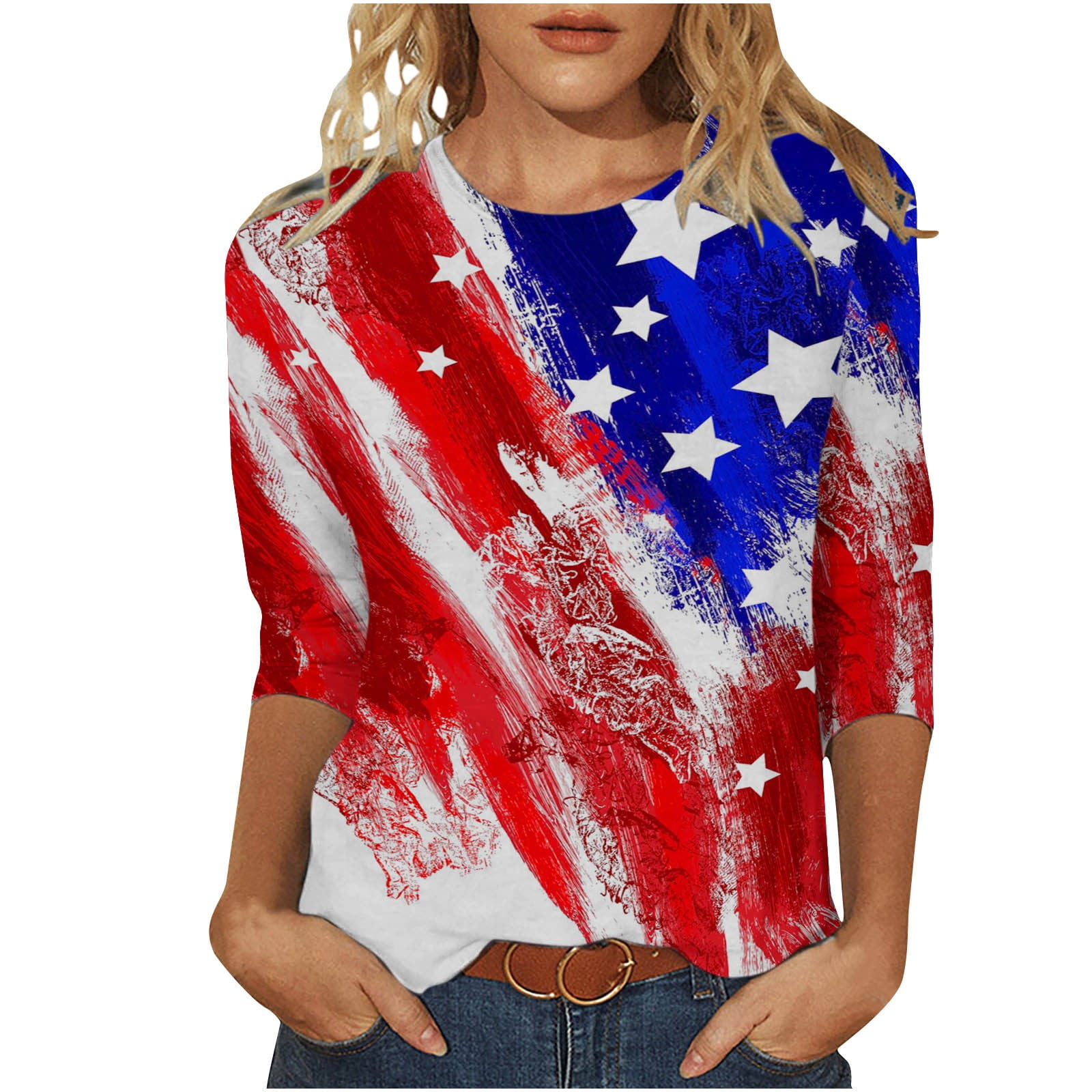Womens Summer Tunic Top Short Sleeve See Through Patriotic Star USA Print T-Shirt Casual Blouse 