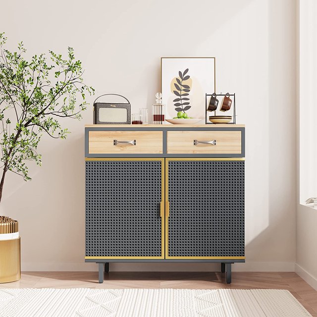 31.5" Wide 2 Drawer Sideboard, Modern Furniture Decor, Made with Iron+ Carbonized Bamboo, Easy Assembly