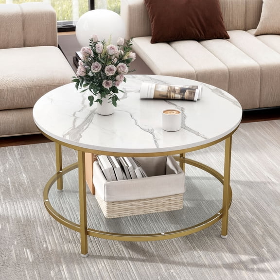 Dextrus 2-Tier Round Coffee Table Marble Center Cocktail Table with Storage Shelf, White & Gold