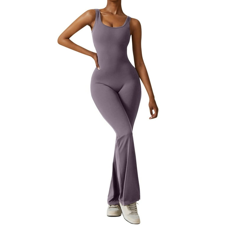 RPVATI Flare Jumpsuits for Women Tummy Control Padded Sleeveless Playsuit  Workout Scrunch Butt V Back Romper Unitard Backless Bodycon Sexy Bodysuit  Light Purple S 
