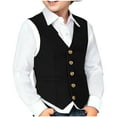 thumbnail image 2 of FamilyThread Boy's Formal Suit Vest Tweed Slim Button Vest Solid Color Waistcoat Vest Unique V-Neck Design with Pockets For 3-12Y, 2 of 8
