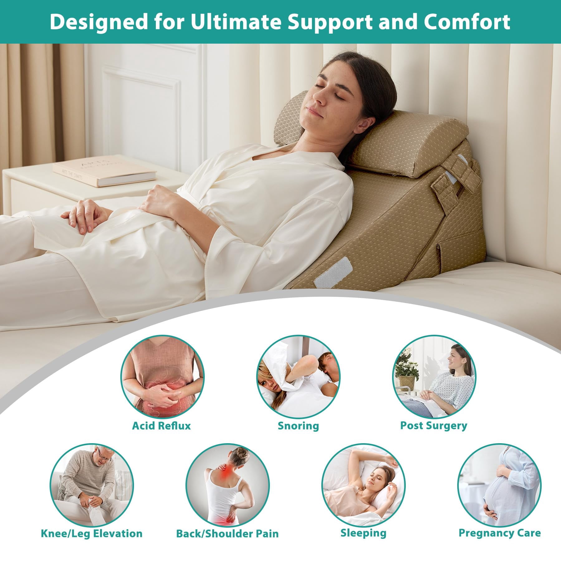 3pcs Bed Wedge Pillow Set  Foam For Leg And Support Adjustable 9&12 Inch Folding Triangle Sleeping Acid Reflux Brown