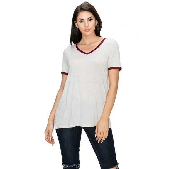 ZAMONG Women's Vneck Ringer T-Shirt
