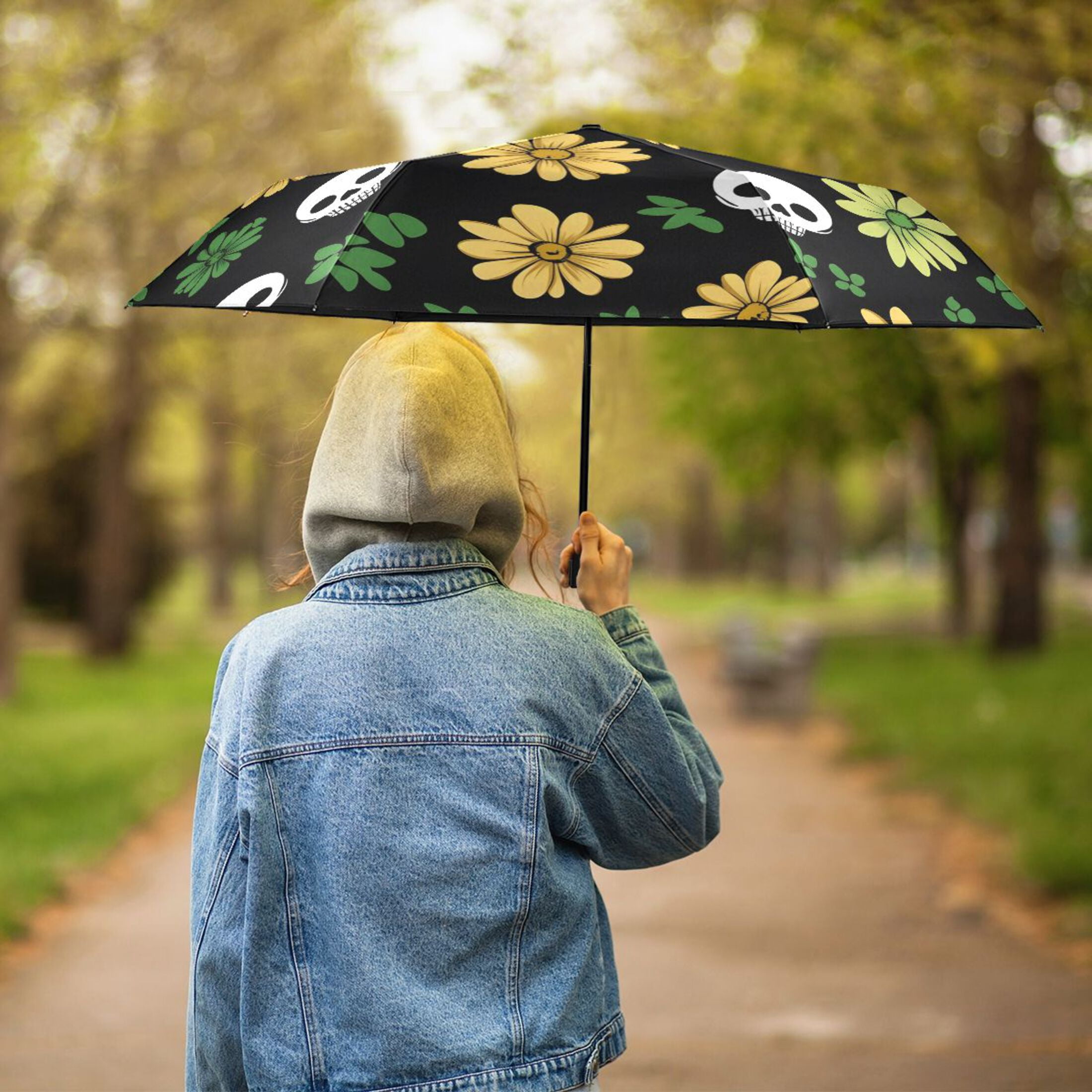 ALAZA Cute Skull in Floral UPF 50+ Compact Folding Umbrella for Rain Travel Umbrella Packable
