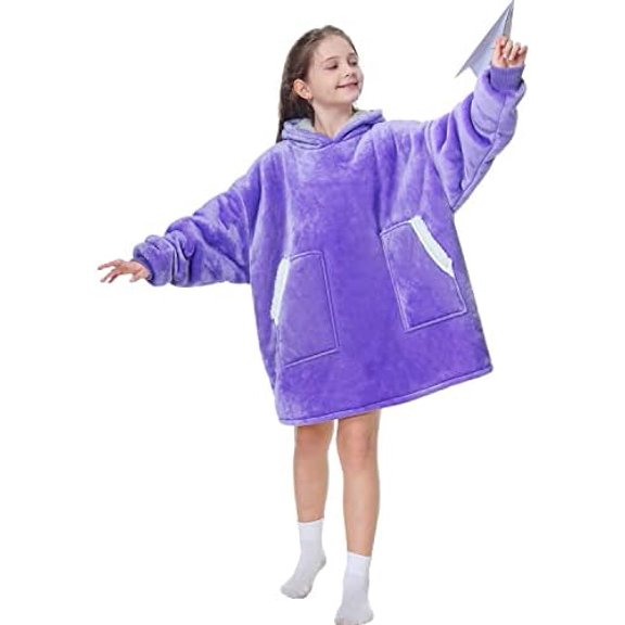Sherpa Fleece Blanket Hoodie for Kids Wearable Fluffy Hooded Blanket Sweatshirt for 6-10 Year Old Boys Girls Daughter Children Lightpurple