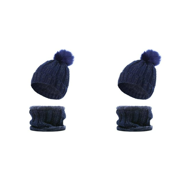 QualitChoice Winter Caps Decorative Hat Scarf Set Adorable Autumn Crochet Neckerchief Sports Two-piece Stylish Collar Dark Blue 2Set