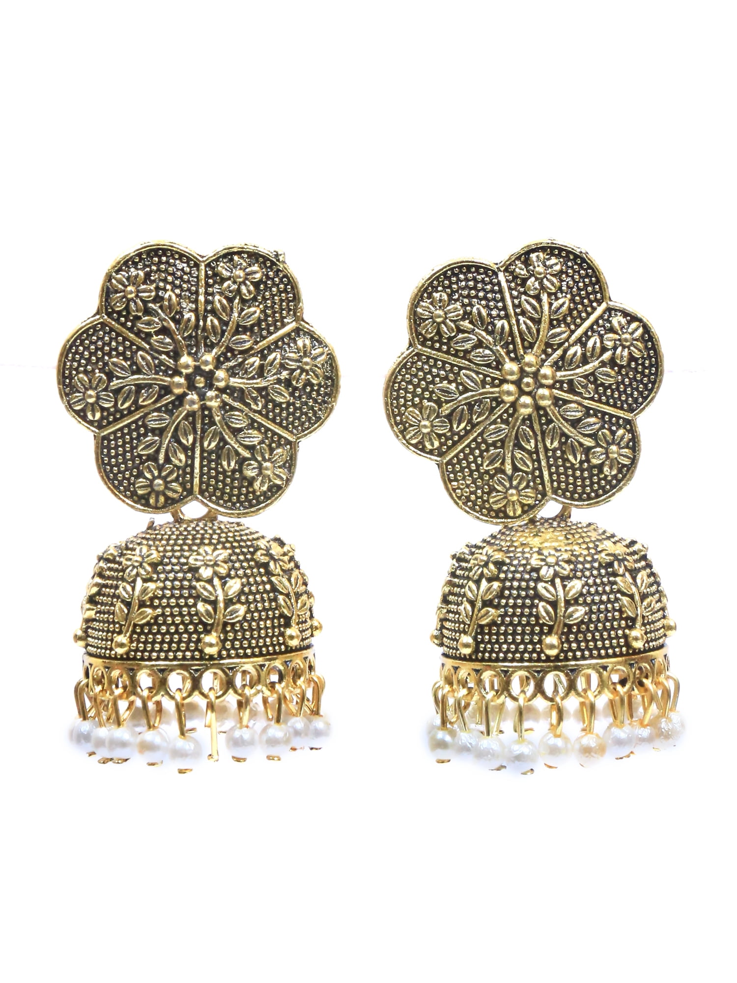 Crunchy Fashion Indian Bridal Jhumka Earrings - Gold Plated Meenakari With Pearls & Crystal - View #4