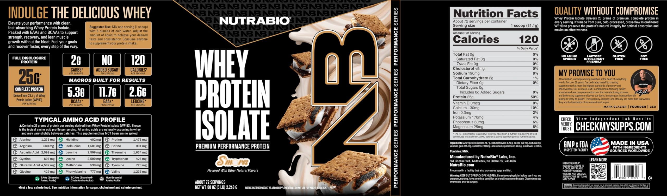 NutraBio 100% Whey Protein Isolate Protein Powder, 25g Protein with Complete Amino Acid Profile, Non-GMO, Soy & Gluten Free, Low Carb, Low Calorie, S'Mores, 5 Lbs