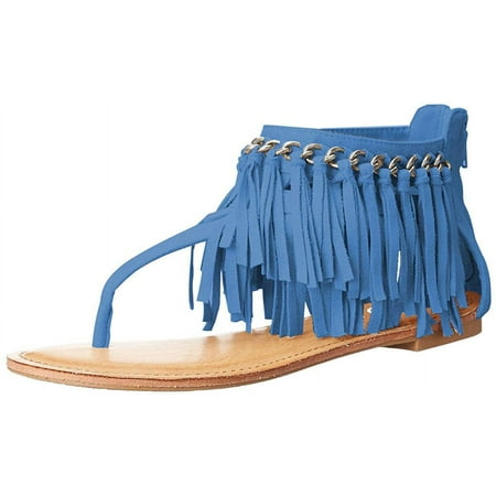 YDN Women Fashion Round Open Toe Flip Flop Sandals Suede Tassels Metal Chain Back Zipper Thong Flats Casual Summer Daily Shoes Size 6 Blue