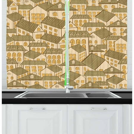 Retro Curtains 2 Panels Set, Hand Drawn Village Town Houses Pattern with Pyramidal Roofs, Window Drapes for Living Room Bedroom, 55W X 39L Inches, Sand Brown Marigold Reseda Green, by (Best Roof Windows Reviews)