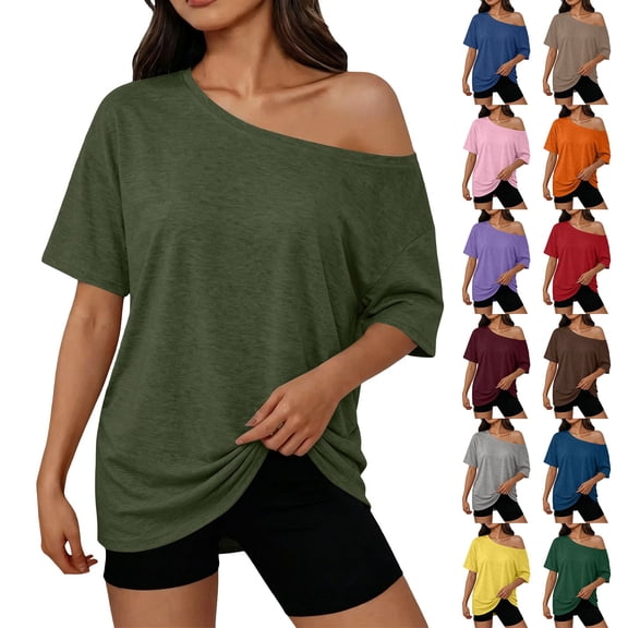 Harpily Womens T-Shirts Y2K Style Asymmetric Neckline Off Shoulder Short Sleeve Casual Basic Short Sleeve T-Shirt